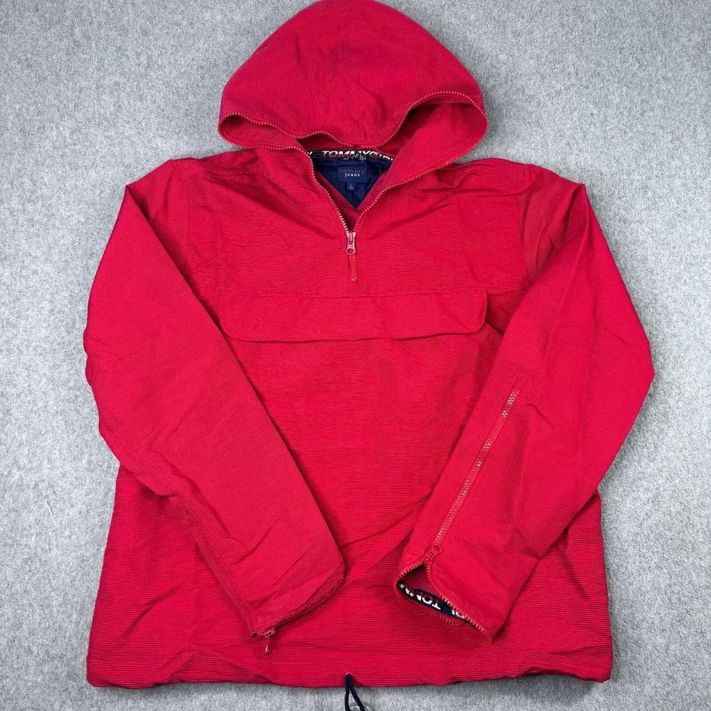VTG Tommy Jeans Women's Size L Anorak Jacket 1/4 Zip Hooded Y2K Red Pullover 90s